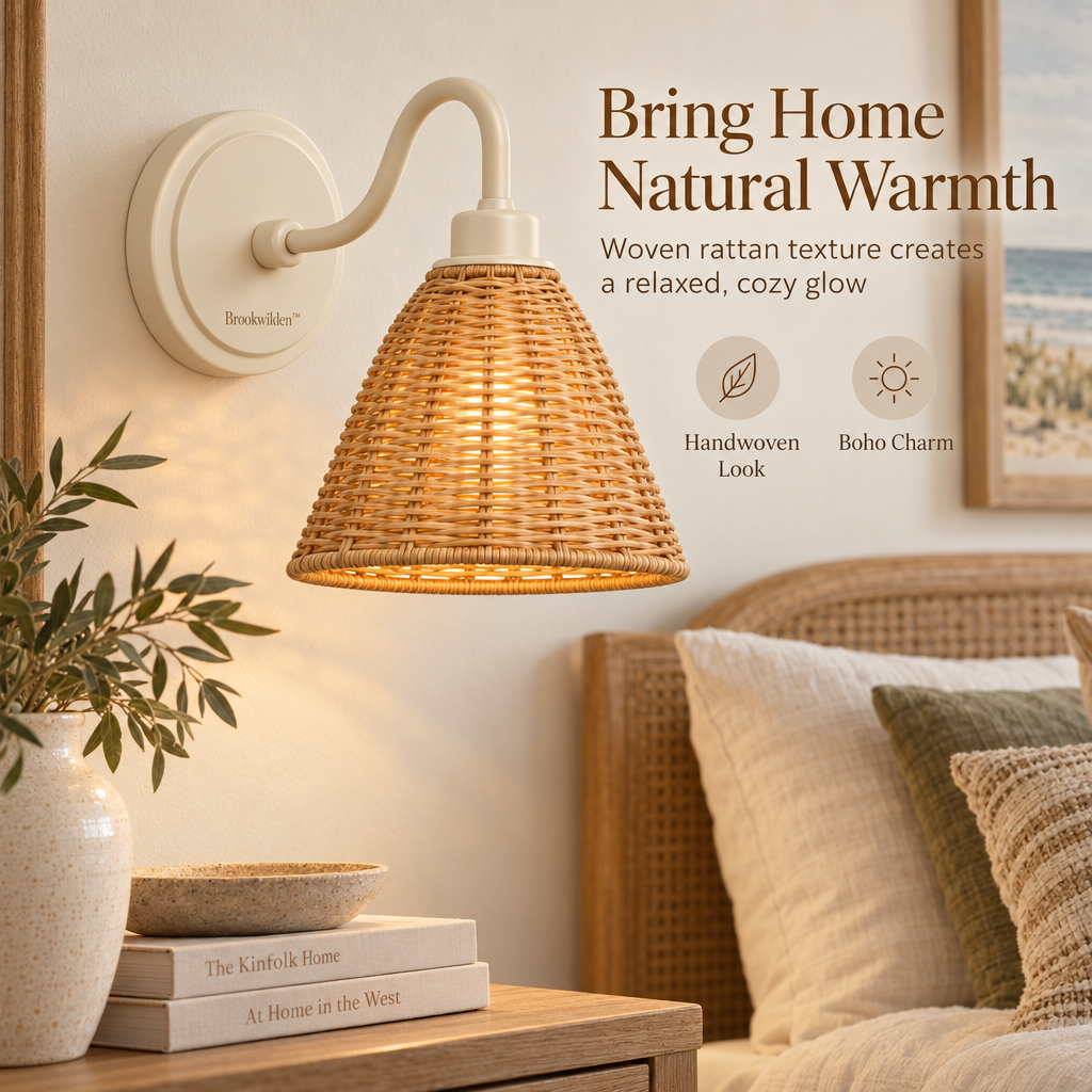 Brookwilden Natural Woven Rattan Cone Wall Sconce view 5