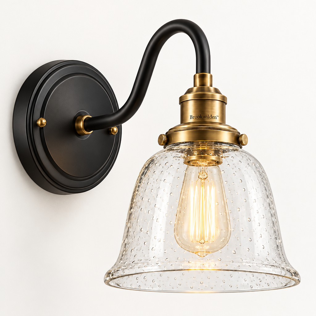 Brookwilden Black Brass Seeded Glass Bell Wall Sconce product photograph 1