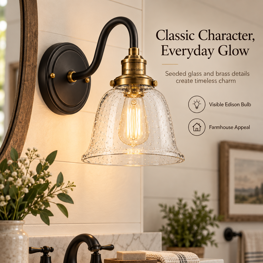 Brookwilden Black Brass Seeded Glass Bell Wall Sconce product photograph 5